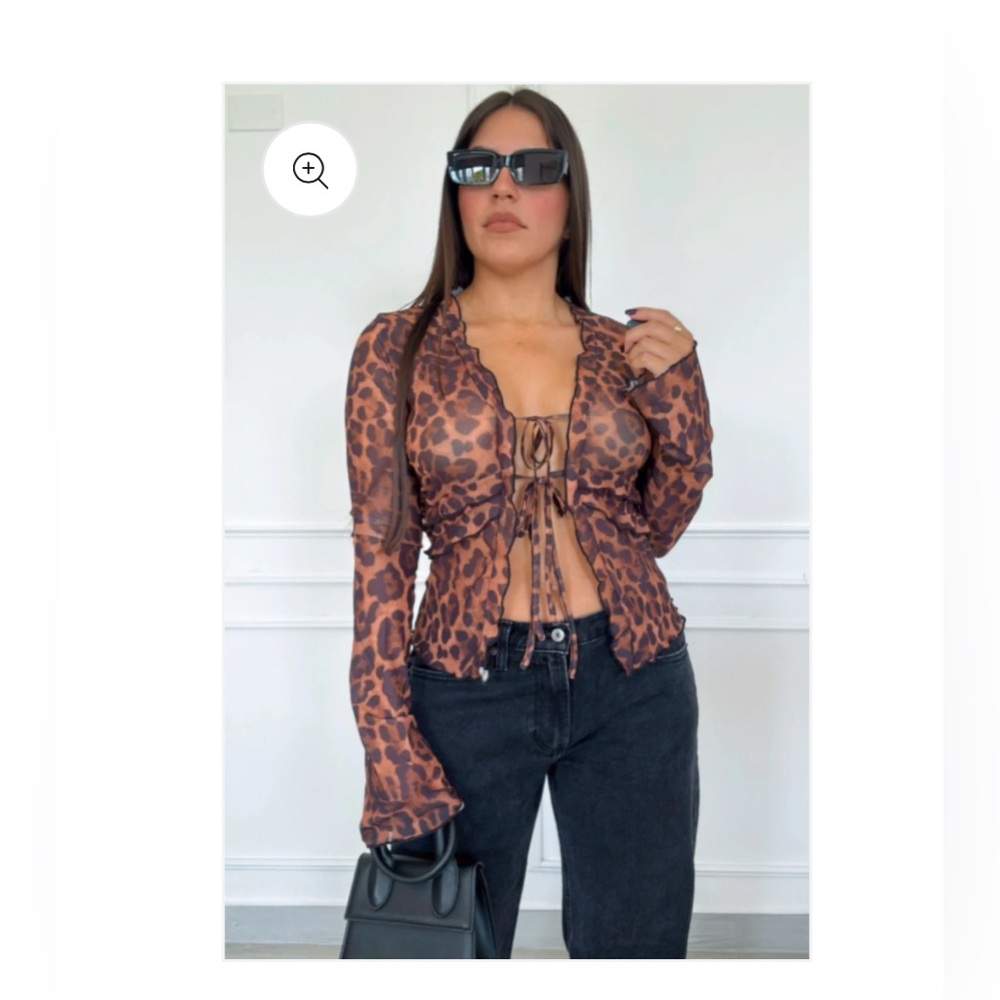 Leopard mesh sexy long bell sleeve ruffle blouse party mob wife festival rave